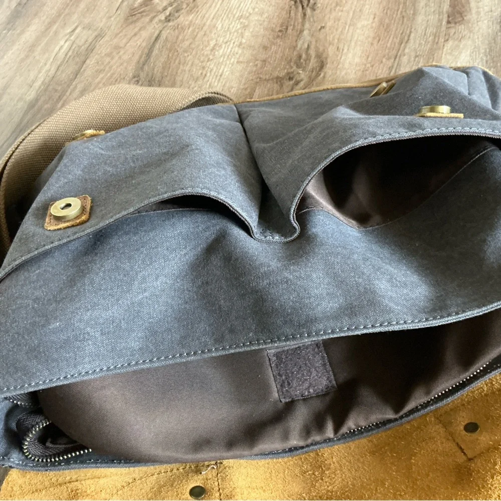 Messenger Bag VASCHY Brown Leather Denim Canvas Computer Pockets Crossbody Tote